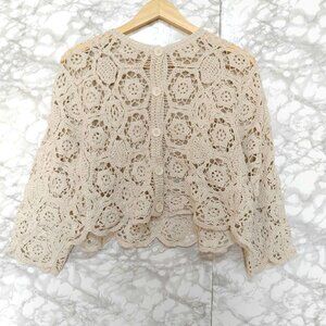 Theyon Torsion Lace Cardigan Embroidered Long Sleeve Floral Sheer Blouse  Ivory